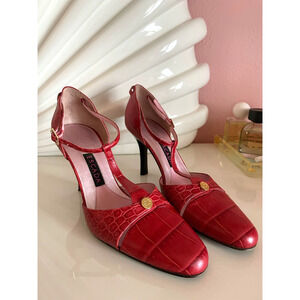 ESCADA Red T Strap High Heel Mary Janes Faux Croc Leather with Gold Logo 38.5